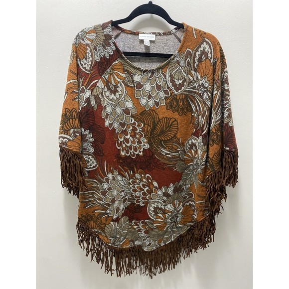 Susan Graver Patterned Floral Fringe‎ Poncho Sweater Size Xs/s - Picture 1 of 4